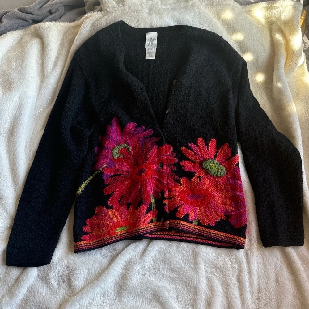 Eileen Fisher Black Cardigan with Pink Floral Design - Picture 1 of 7